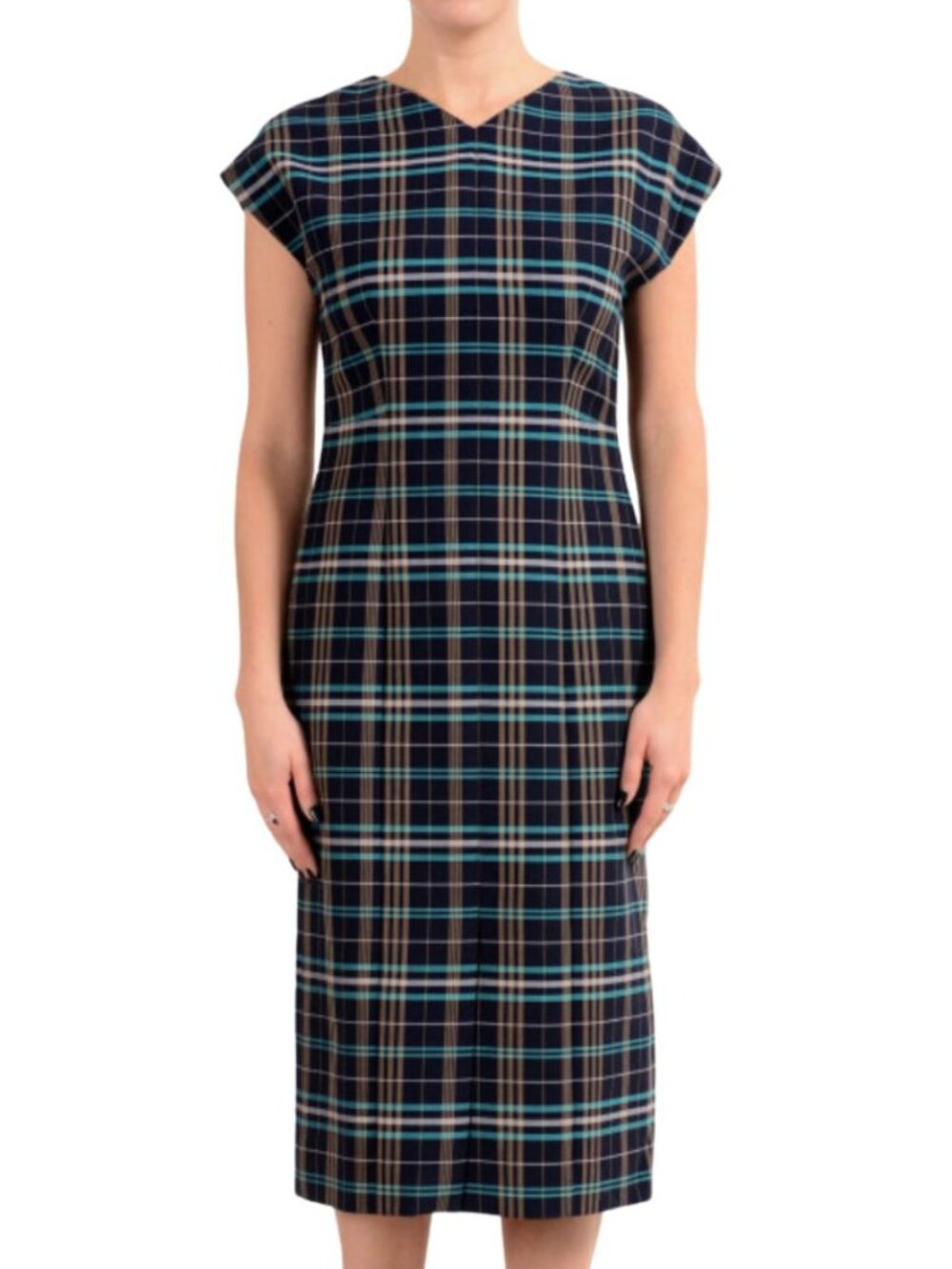 BOSS Hugo Boss Daela Plaid Sheath V-Neck Midi Dress Size US 2P